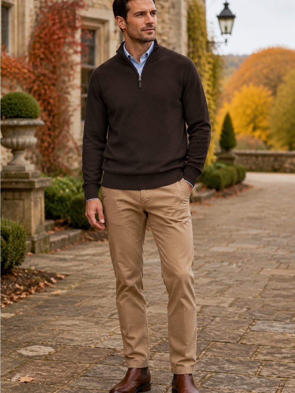 Hawker Rye Men’s Brown Cotton Cashmere Quarter Zip Mock Neck Sweater Quiet Luxe